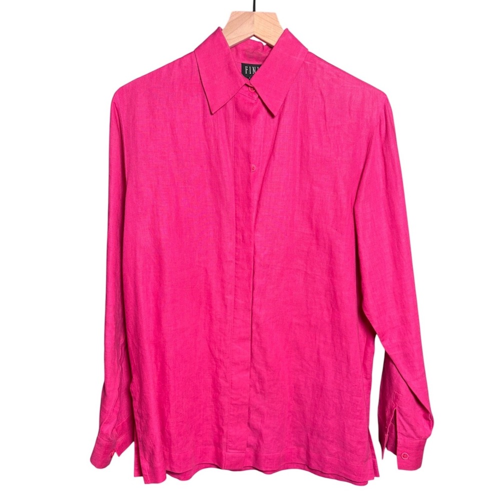 Finity Women Hot Pink 100% Linen Long Sleeve Hidden Button Down Shirt Size 8